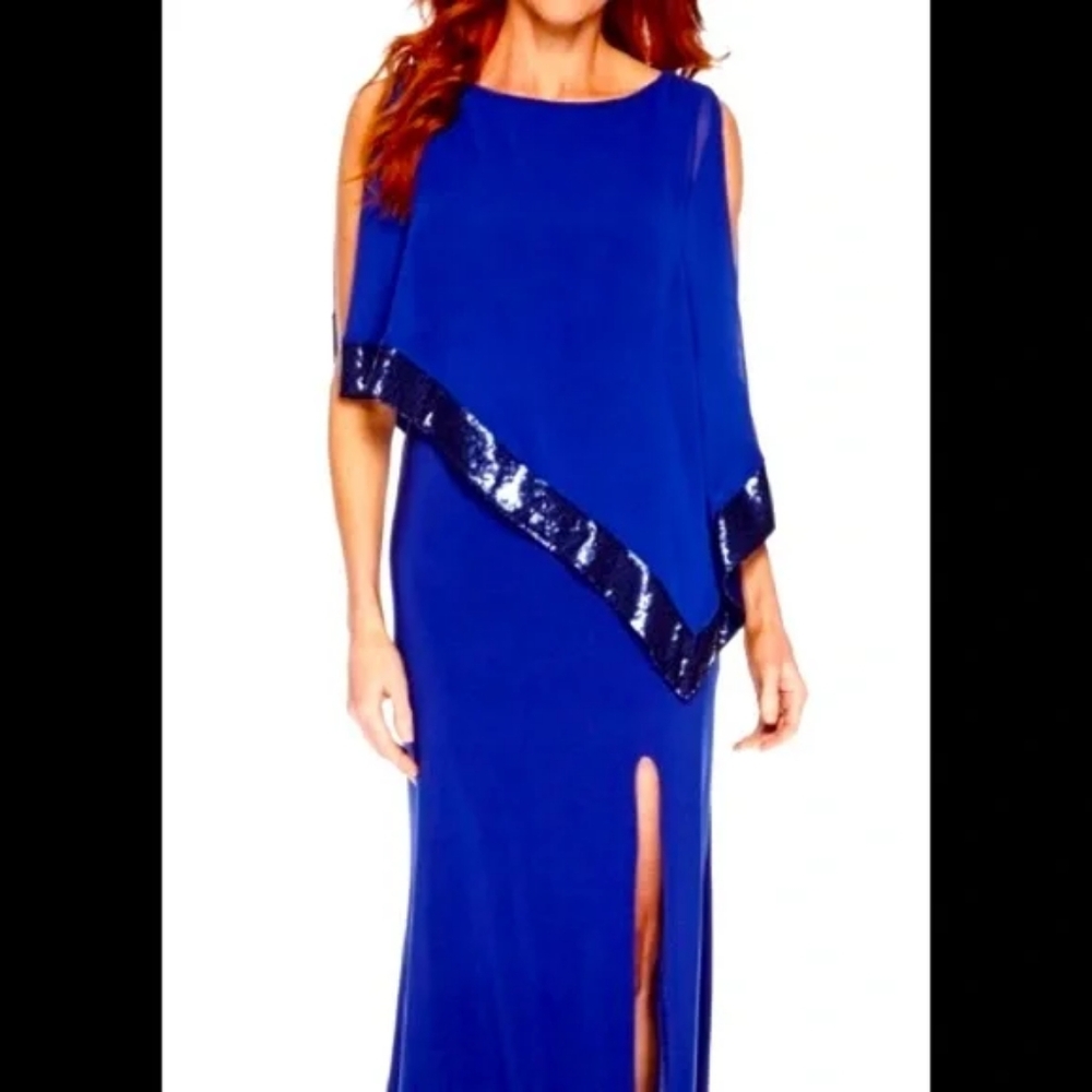 R&M Richards Royal Blue Sequin Trim Maxi Dress